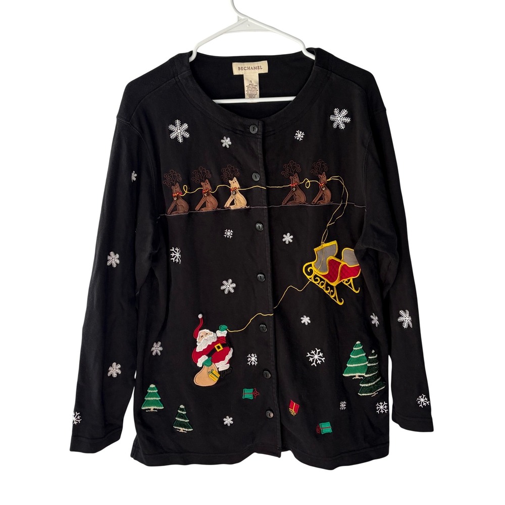 Bechamel Christmas Cardigan Sweater Womens L Black Embroidered Santa‎ Reindeer